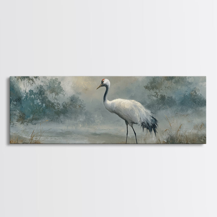 White Crane in Quiet Morning Mist Canvas Print, Meditation Art, Buddha Wall Art, Living Room Decor, Fine Art, Stillness, MED-3x1-8