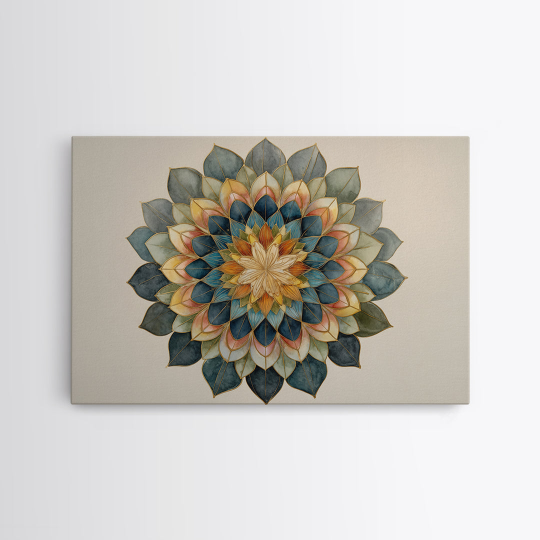 Mandala with Soft Gold and Indigo Symmetry Canvas Print, Meditation Art, Zen Wall Art, Living Room Decor, Fine Art, Stillness, MED-3x2-30