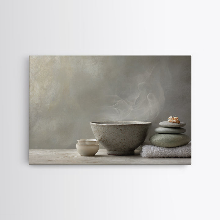 Tea Bowl and Steam Canvas Print, Meditation Art, Neutral Decor, Living Room Decor, Fine Art, Stillness, Home Decor, Wall Decor, MED-3x2-49