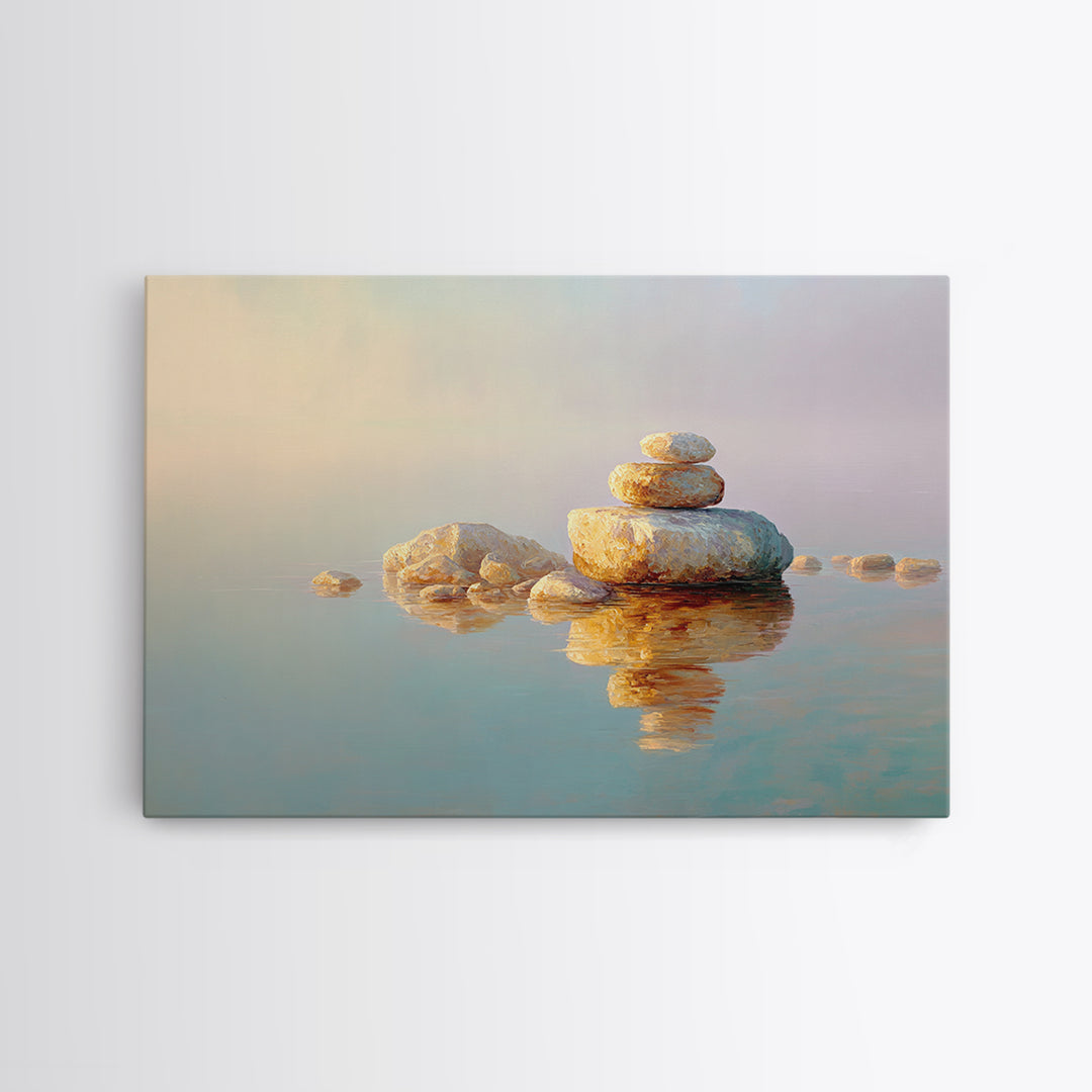 Floating Stones Balanced Above Calm Water Framed Canvas Print, Meditation Art, Room Decor, Living Room Decor, Stillness, MED-3x2-60