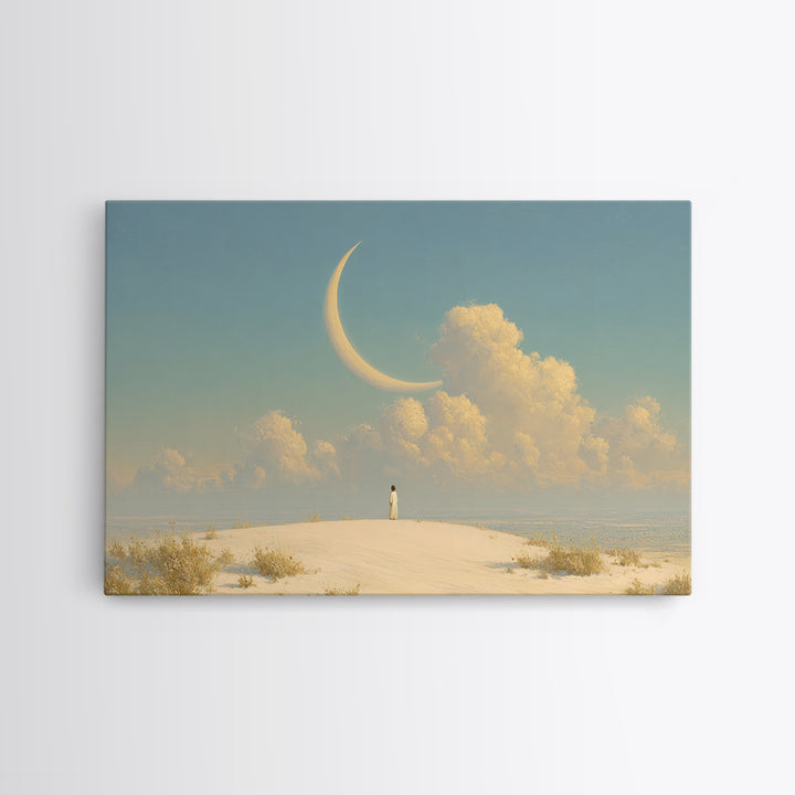 Single Seated Figure Beneath a Crescent Moon Canvas Print, Meditation Art, Modern Wall Art, Living Room Decor, Stillness, MED-3x2-7