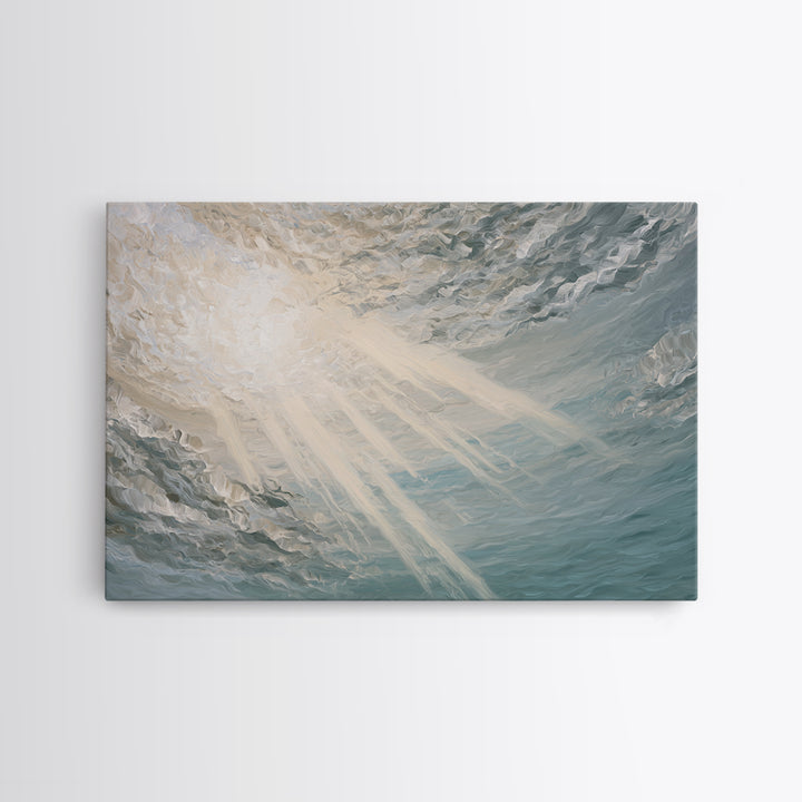 Angelic Light Rays Through Abstract Clouds Framed Canvas Print, Meditation Art, Minimalist Art, Living Room Decor, Stillness, MED-3x2-74