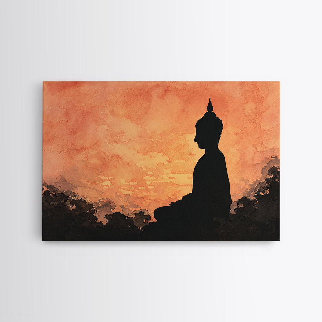 Buddha Silhouette Surrounded by Warm Light Canvas Print, Meditation Art, Boho Wall Decor, Living Room Decor, Stillness, MED-3x2-83