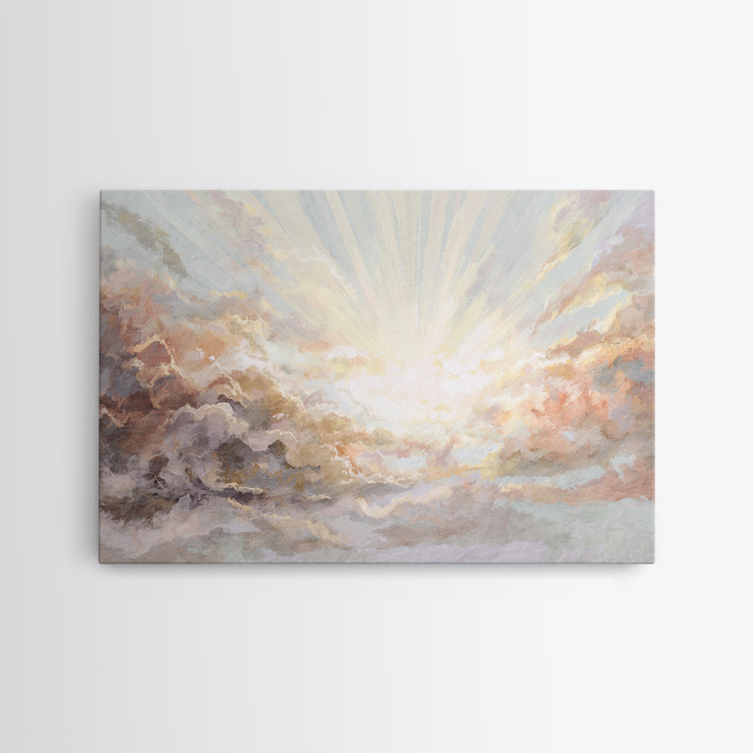 Angelic Light Rays Through Abstract Clouds Canvas Print, Meditation Art, Yoga Wall Art, Living Room Decor, Fine Art, Stillness, MED-3x2-98