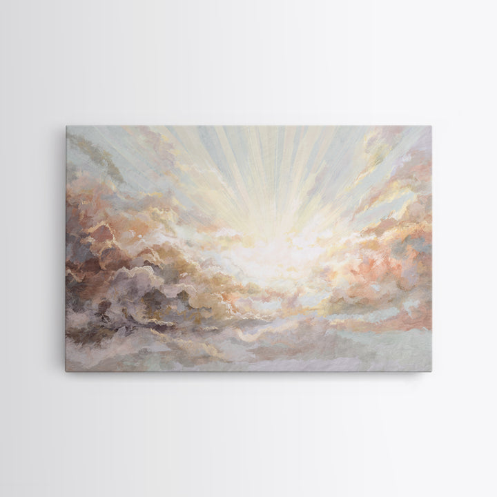 Angelic Light Rays Through Abstract Clouds Canvas Print, Meditation Art, Yoga Wall Art, Living Room Decor, Fine Art, Stillness, MED-3x2-98