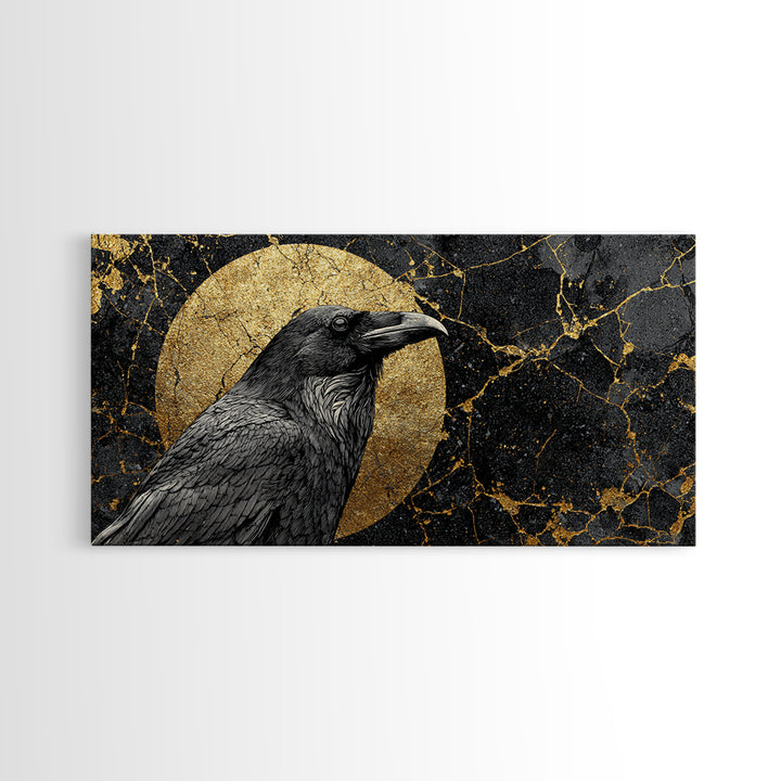 Raven Gold Canvas Print, Dark Bird Art With Lunar Circle Design, Real Wood Frame Wall Décor, Mystical Gothic Nature Artwork