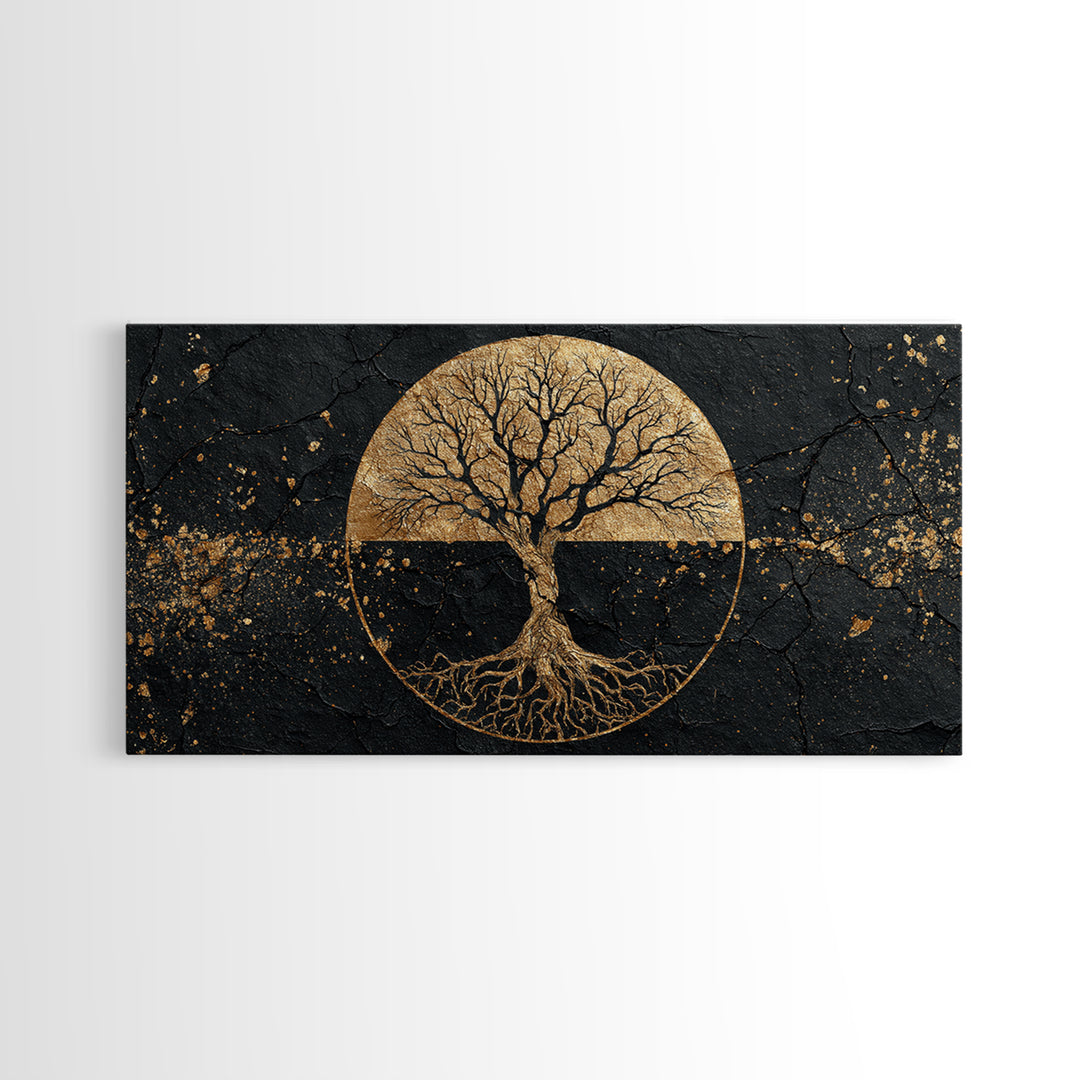 Mystical Roots Tree Gold Canvas Art, Sacred Nature Symbol Canvas Print, Real Wood Frame Wall Décor, Spiritual Mythical Decorative Artwork