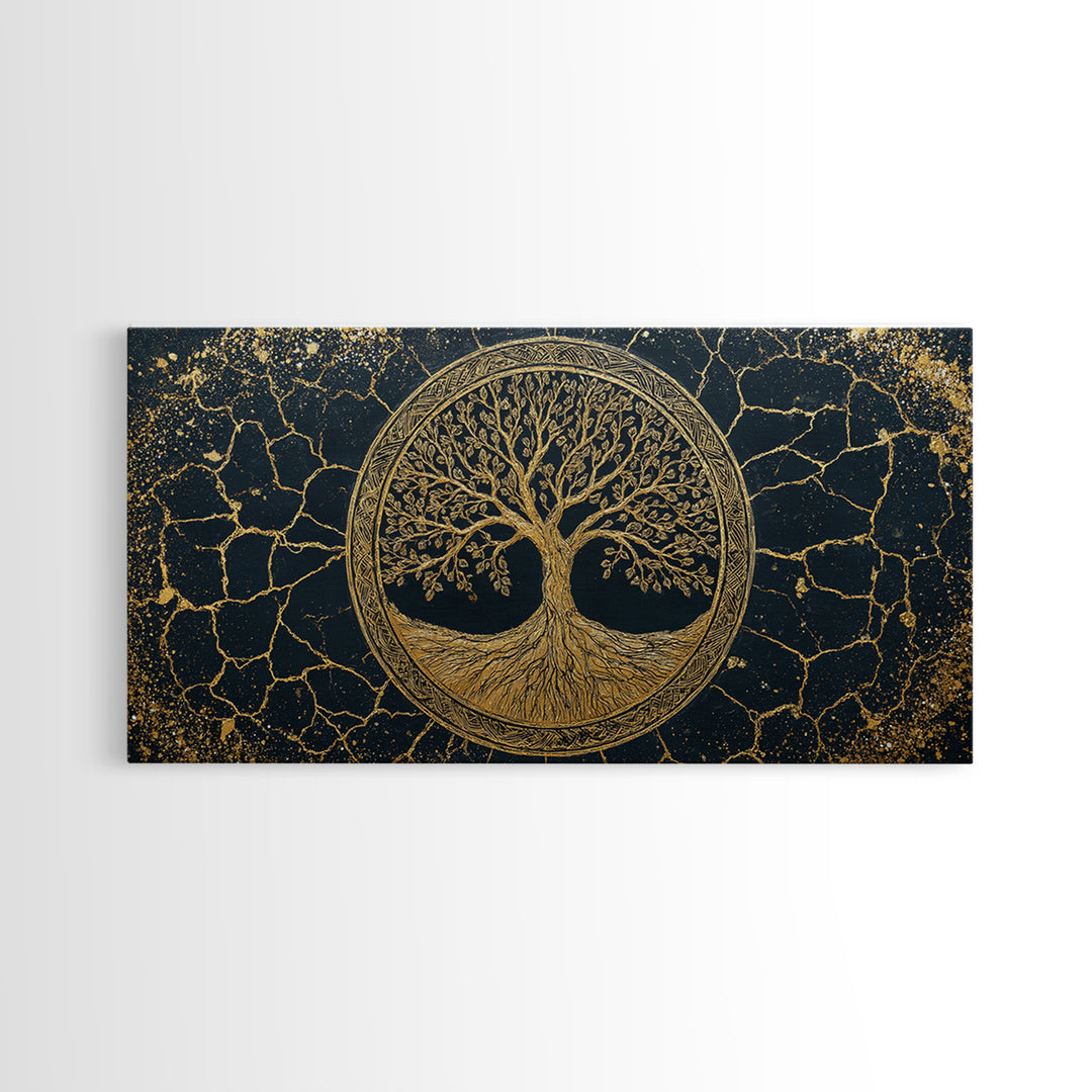Tree Of Life Circle Gold Canvas Print, Sacred Geometry Wall Art, Norse Yggdrasil Artwork, Real Wood Frame Decor