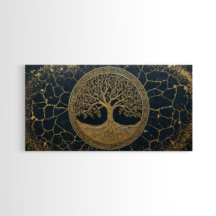 Tree Of Life Circle Gold Canvas Print, Sacred Geometry Wall Art, Norse Yggdrasil Artwork, Real Wood Frame Decor