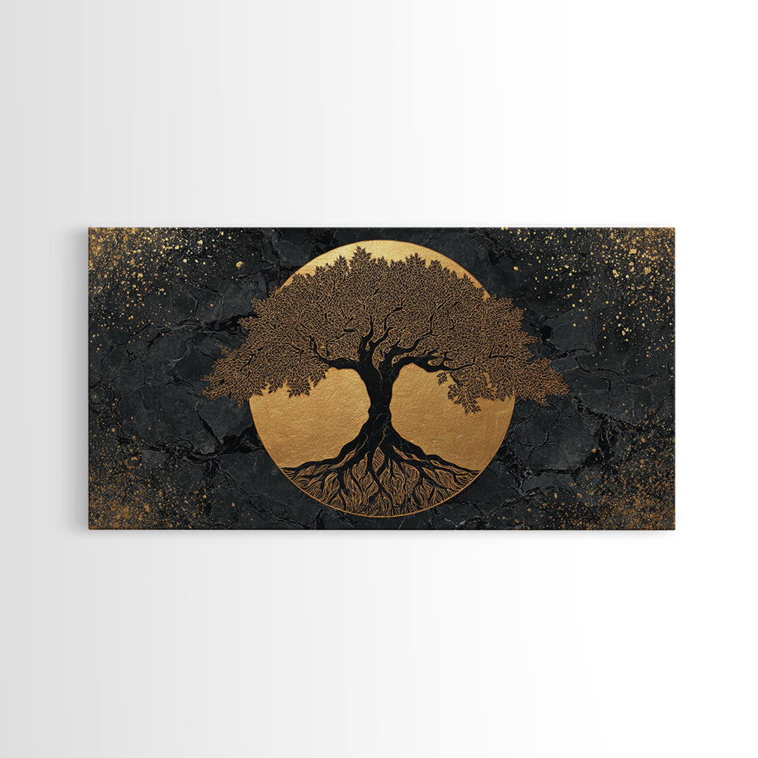 Elegant Tree Of Life Gold Canvas Print, Modern Sacred Geometry Wall Art, Mystical Symbol Artwork, Real Wood Frame Decor