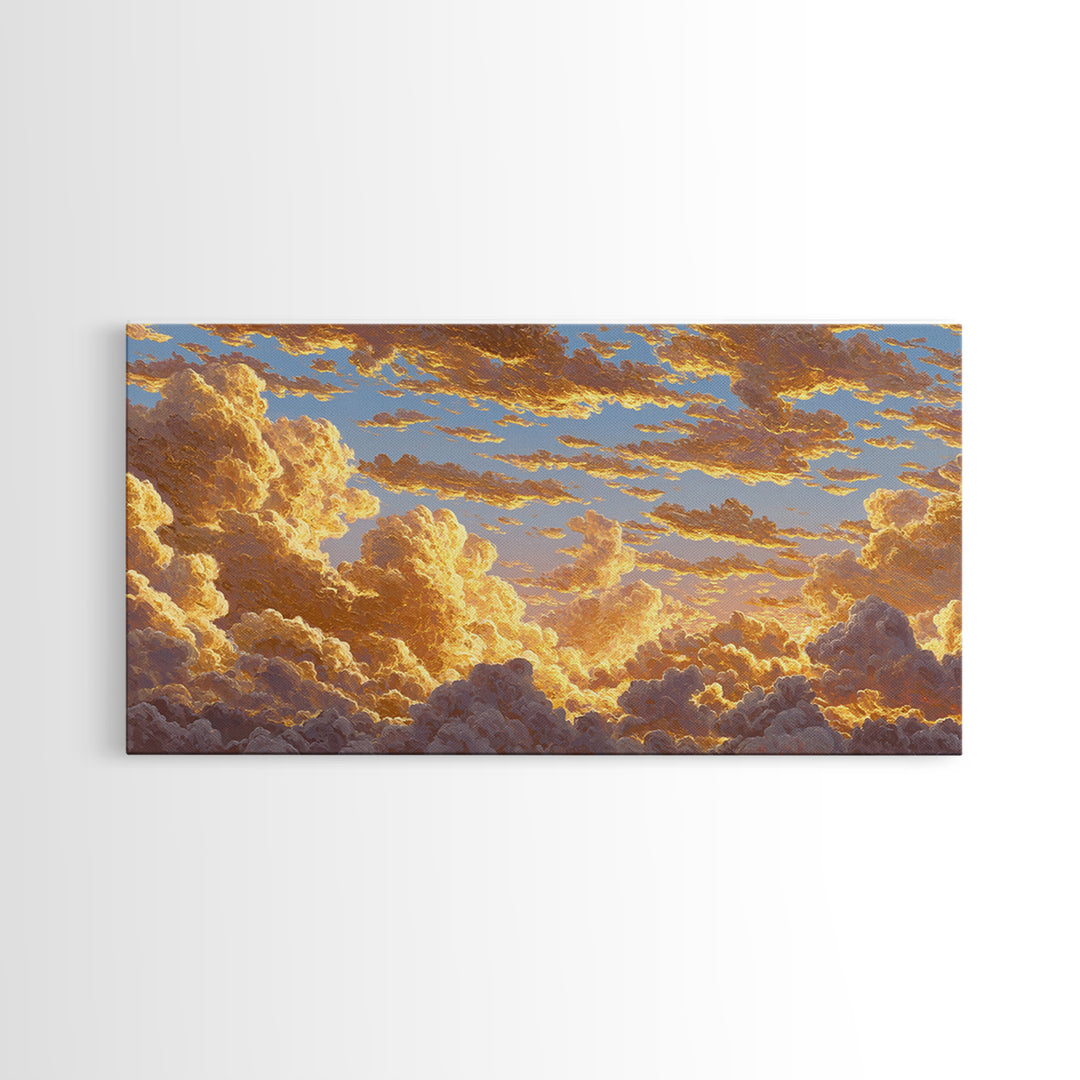 Golden Clouds Gold Canvas Art, Sky And Light Filled Cloudscape Canvas Print, Real Wood Frame Wall Décor, Dreamy Atmospheric Artwork