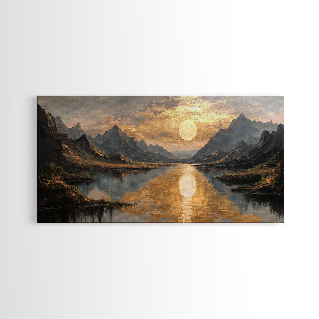 Mountain Lake Gold Canvas Print, Golden Sun Over Peaks And Reflection Art, Real Wood Frame Wall Décor, Tranquil Landscape Artwork