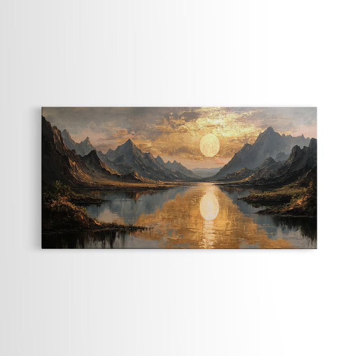 Mountain Lake Gold Canvas Print, Golden Sun Over Peaks And Reflection Art, Real Wood Frame Wall Décor, Tranquil Landscape Artwork