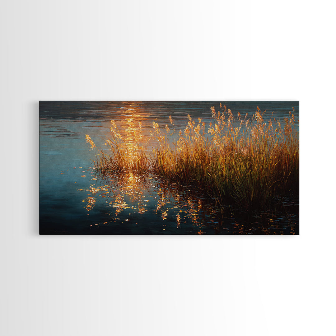 Golden Reeds Gold Canvas Art, Sunset Water Reflection With Grass Canvas Print, Real Wood Frame Wall Décor, Serene Nature Inspired Artwork