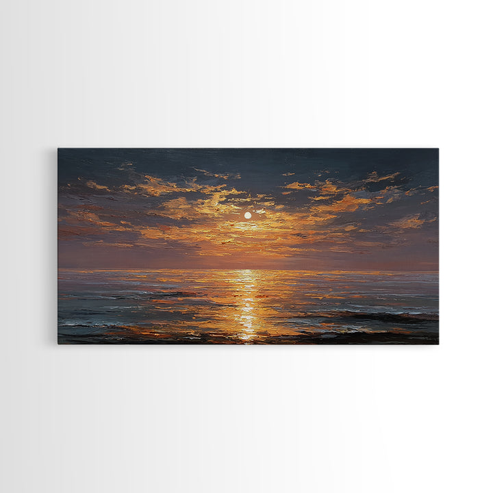 Ocean Sunset Gold Canvas Print, Radiant Sunlight Over Waves Artwork, Real Wood Frame Wall Décor, Coastal Seascape Glow Art