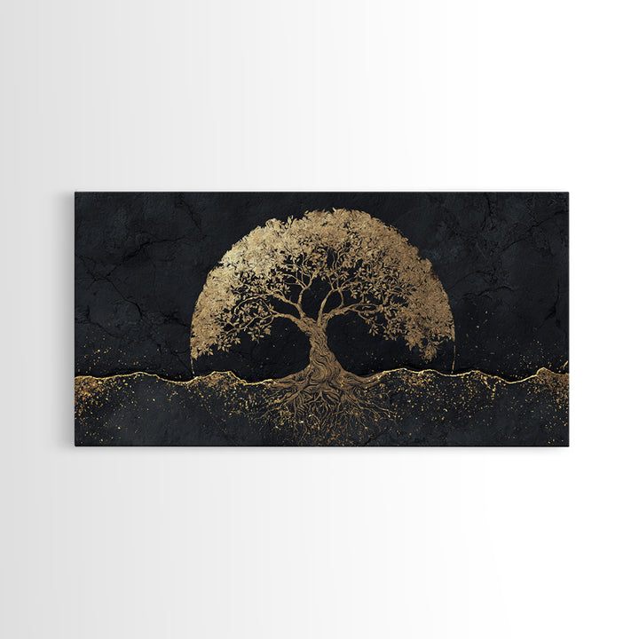 Sacred Tree Gold Canvas Art, Symbolic Roots And Branches Canvas Print, Real Wood Frame Wall Décor, Mystical Spiritual Nature Artwork