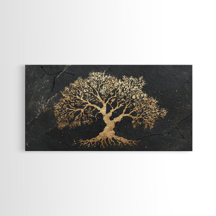 Ancient Oak Gold Canvas Print, Timeless Tree Of Life Design Artwork, Real Wood Frame Wall Décor, Nature Inspired Mystical Symbol Art