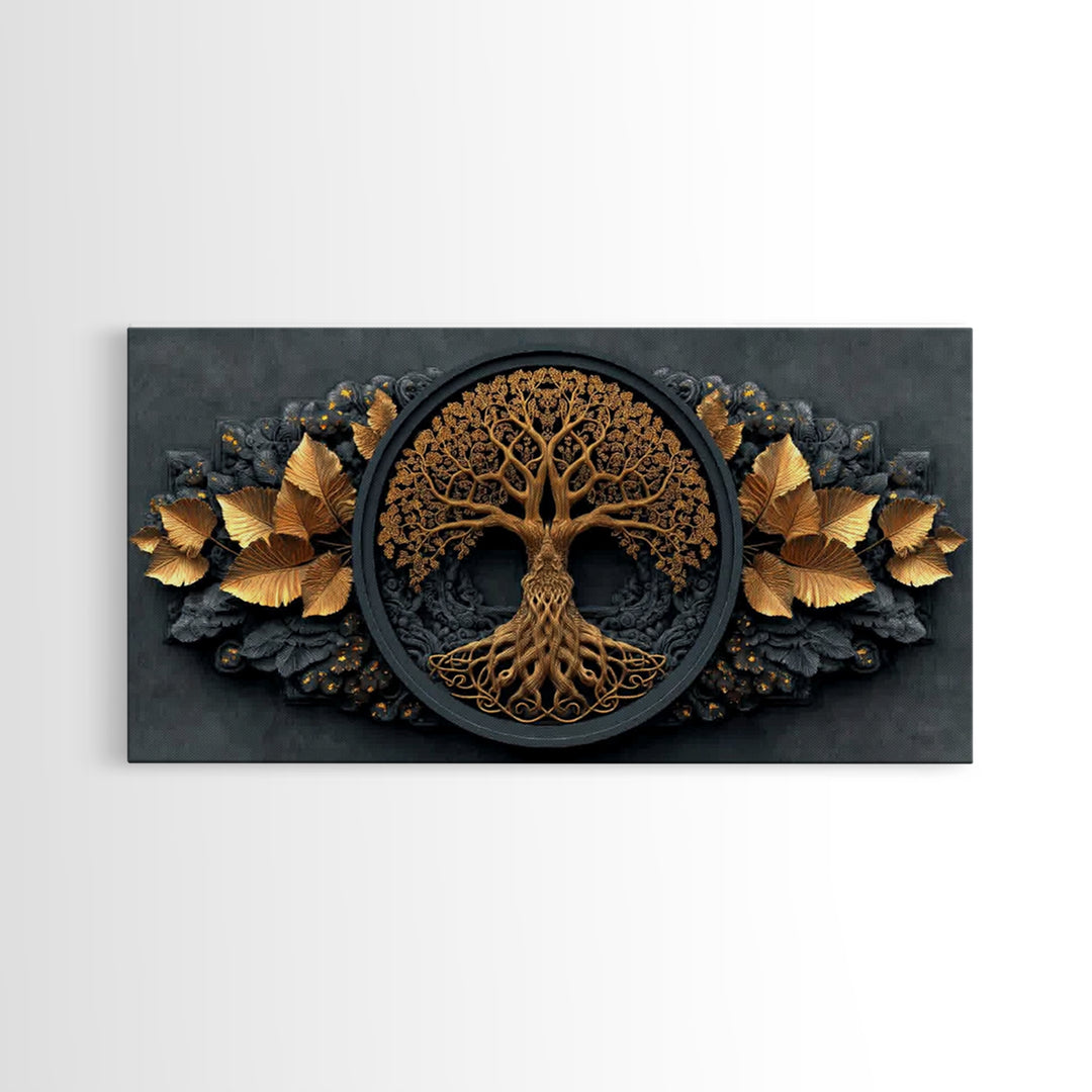Decorative Tree Of Life Gold Canvas Art, Ornate Circle Design Canvas Print, Real Wood Frame Wall Décor, Luxurious Nature Inspired Artwork