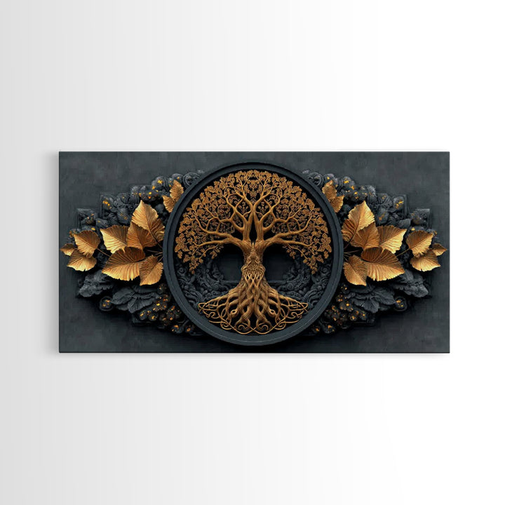 Decorative Tree Of Life Gold Canvas Art, Ornate Circle Design Canvas Print, Real Wood Frame Wall Décor, Luxurious Nature Inspired Artwork