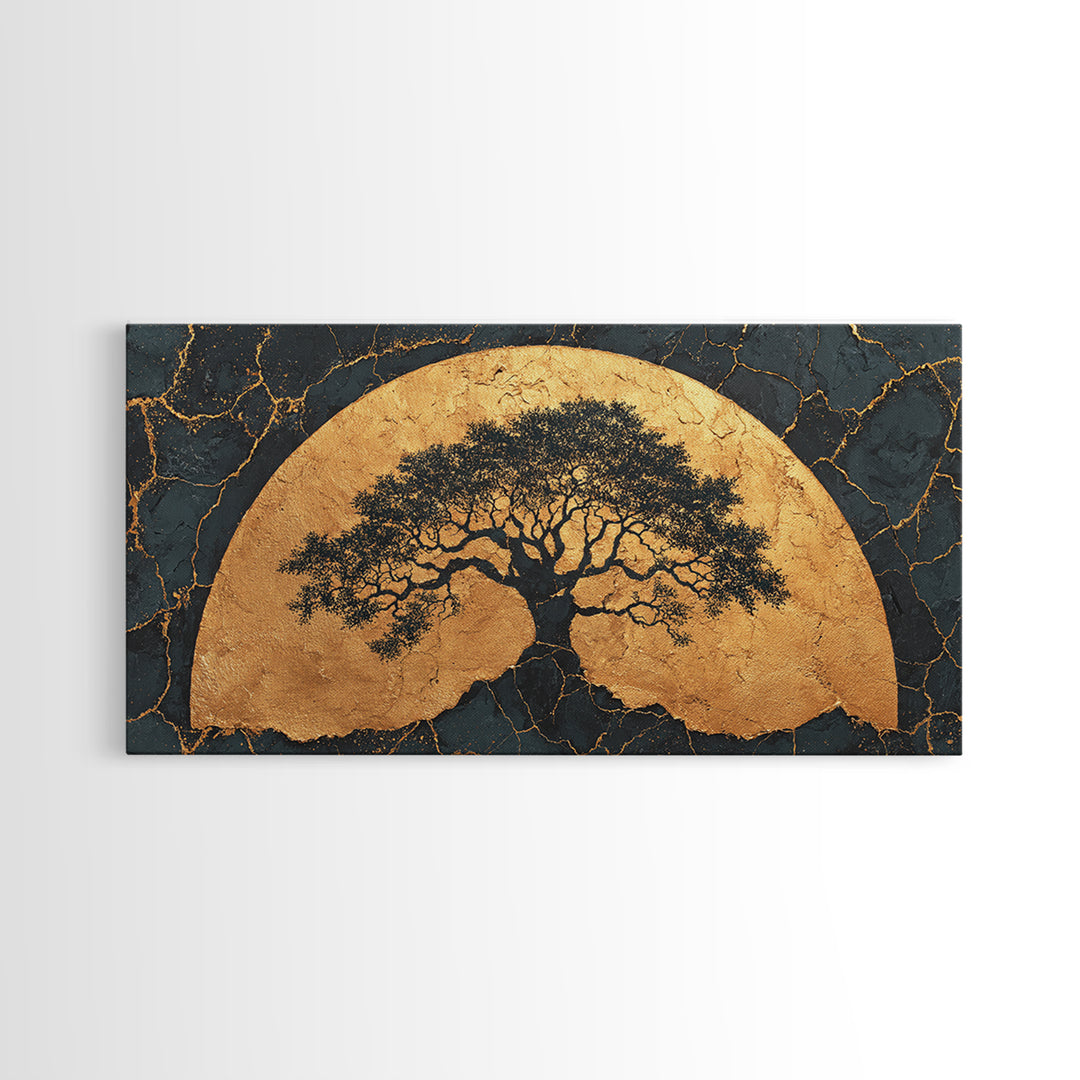 Golden Horizon Tree Gold Canvas Print, Majestic Nature Symbol Artwork, Real Wood Frame Wall Décor, Sacred Celestial Inspired Art