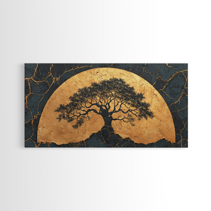 Golden Horizon Tree Gold Canvas Print, Majestic Nature Symbol Artwork, Real Wood Frame Wall Décor, Sacred Celestial Inspired Art