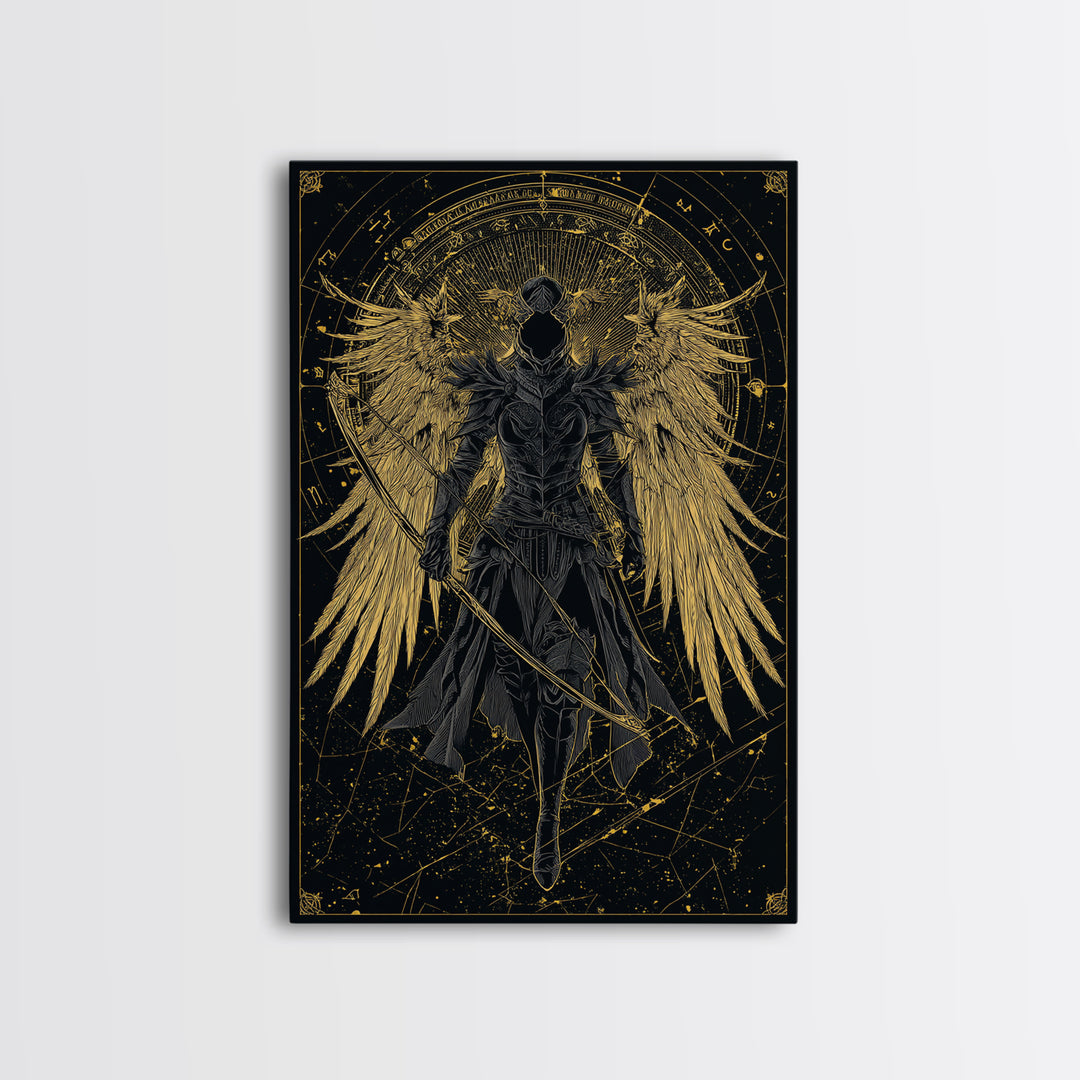 Armored Angel Gold Canvas Art, Celestial Guardian With Bow Canvas Print, Real Wood Frame Wall Décor, Mythology Warrior Artwork