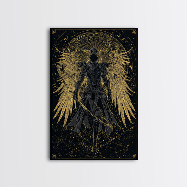 Armored Angel Gold Canvas Art, Celestial Guardian With Bow Canvas Print, Real Wood Frame Wall Décor, Mythology Warrior Artwork