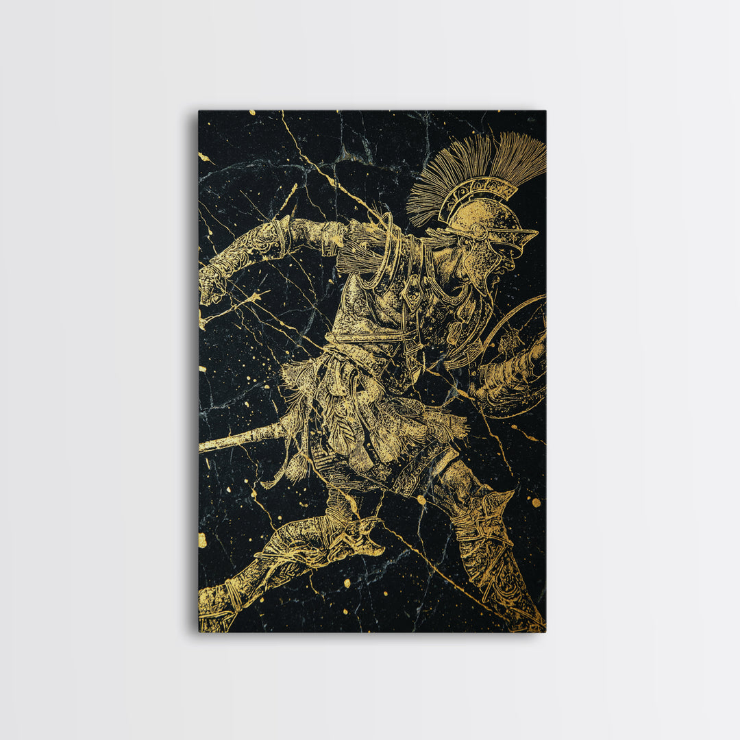 Roman Gladiator Gold Canvas Print, Ancient Warrior Art On Canvas, Real Wood Frame Wall Décor, Historical Mythology Artwork