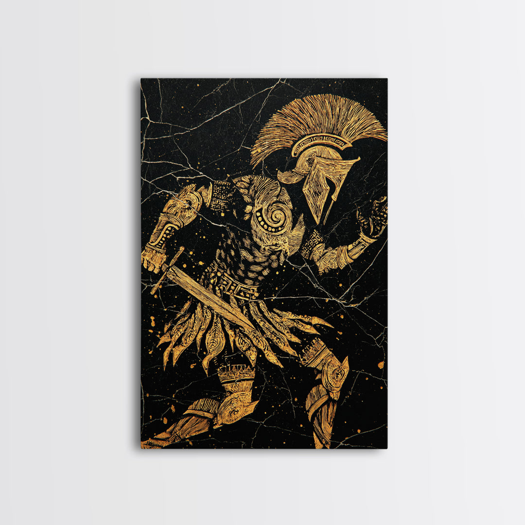 Spartan Warrior Gold Canvas Art, Ancient Soldier Canvas Print, Real Wood Frame Wall Décor, Heroic Mythology Battle Artwork