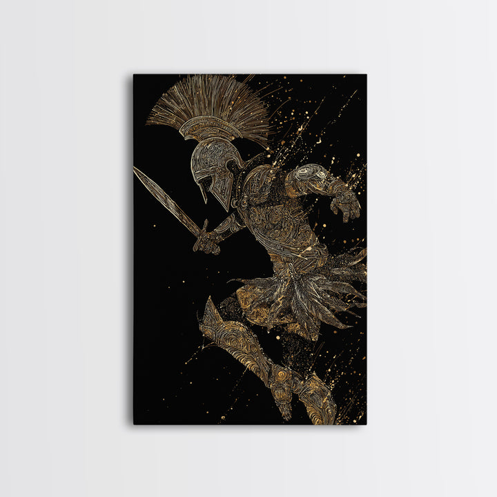 Charging Gladiator Gold Canvas Print, Warrior In Action Art On Canvas, Real Wood Frame Décor, Ancient Mythology Artwork