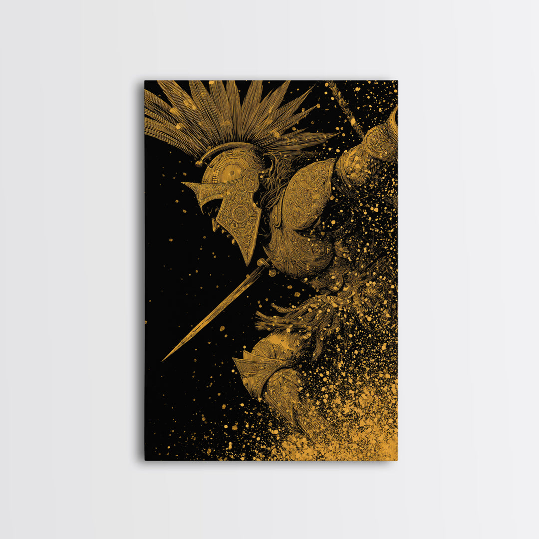 Epic Spartan Gold Canvas Art, Ancient Battle Warrior Canvas Print, Real Wood Frame Wall Décor, Heroic Mythology Statement Artwork