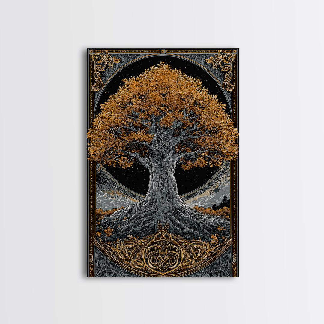 Yggdrasil Tree Gold Canvas Print, Norse Mythology Art On Canvas, Real Wood Frame Wall Décor, Sacred Viking Symbol Artwork