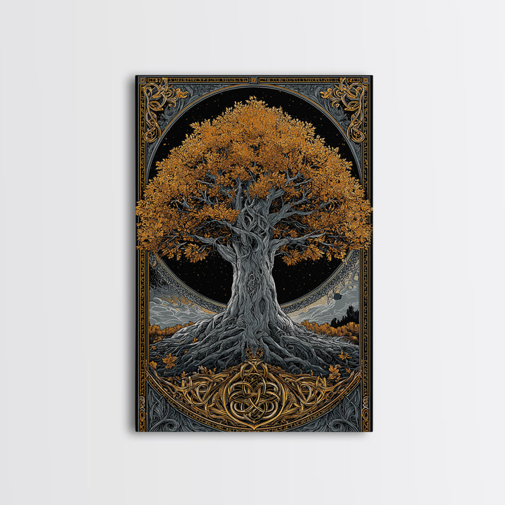 Yggdrasil Tree Gold Canvas Print, Norse Mythology Art On Canvas, Real Wood Frame Wall Décor, Sacred Viking Symbol Artwork