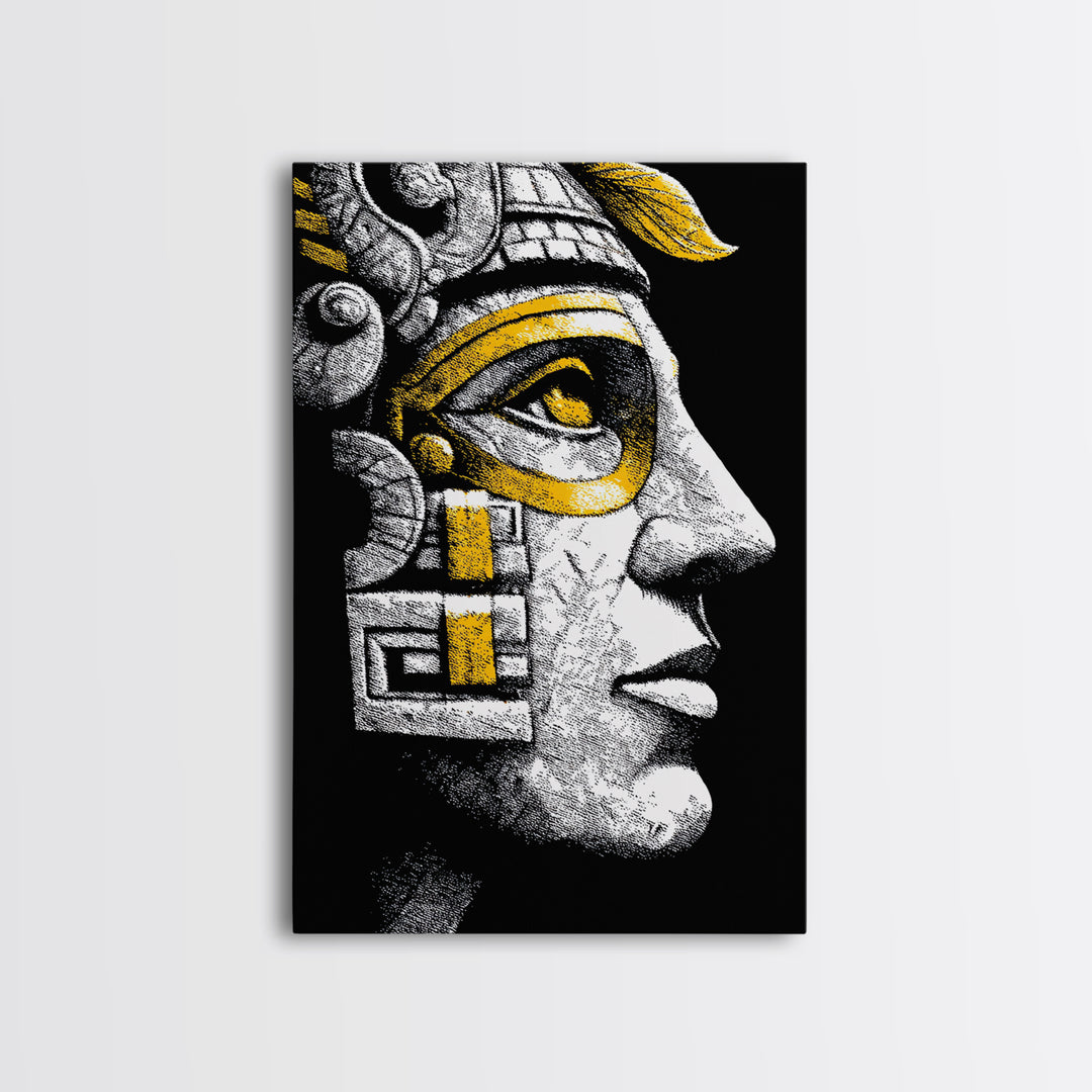 Aztec Warrior Gold Canvas Art, Ancient Tribal Mask Canvas Print, Real Wood Frame Wall Décor, Pre-Columbian Mythology Artwork