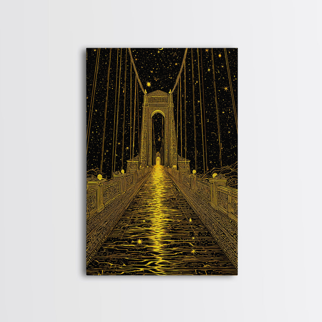 Celestial Bridge Gold Canvas Print, Fantasy Gateway Art On Canvas, Real Wood Frame Wall Décor, Mystical Night Sky Artwork