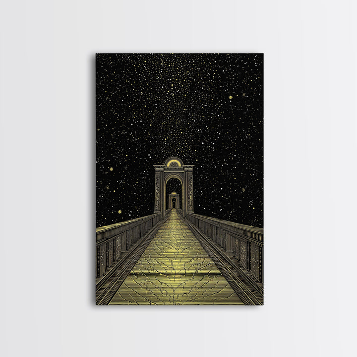 Starlit Path Gold Canvas Art, Fantasy Bridgeway Canvas Print, Real Wood Frame Wall Décor, Celestial Mythology Dream Artwork