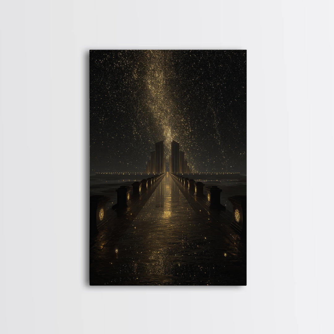 Cosmic Gateway Gold Canvas Print, Mystical Fantasy Bridge Art On Canvas, Real Wood Frame Décor, Starry Sky Celestial Artwork