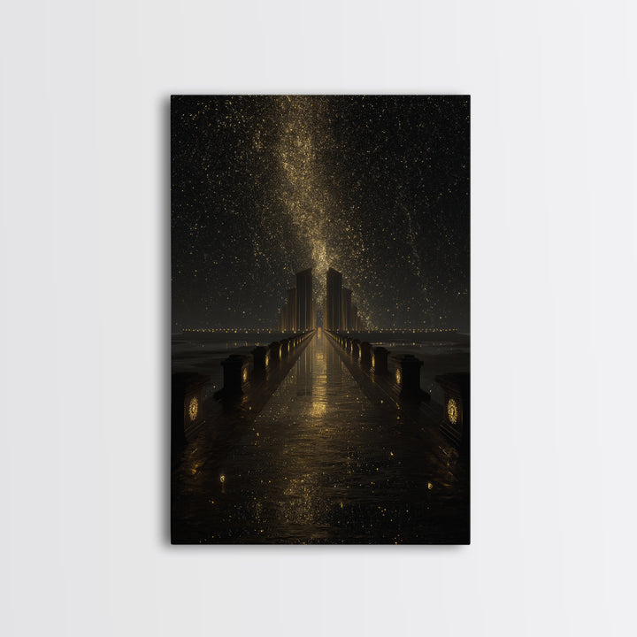 Cosmic Gateway Gold Canvas Print, Mystical Fantasy Bridge Art On Canvas, Real Wood Frame Décor, Starry Sky Celestial Artwork