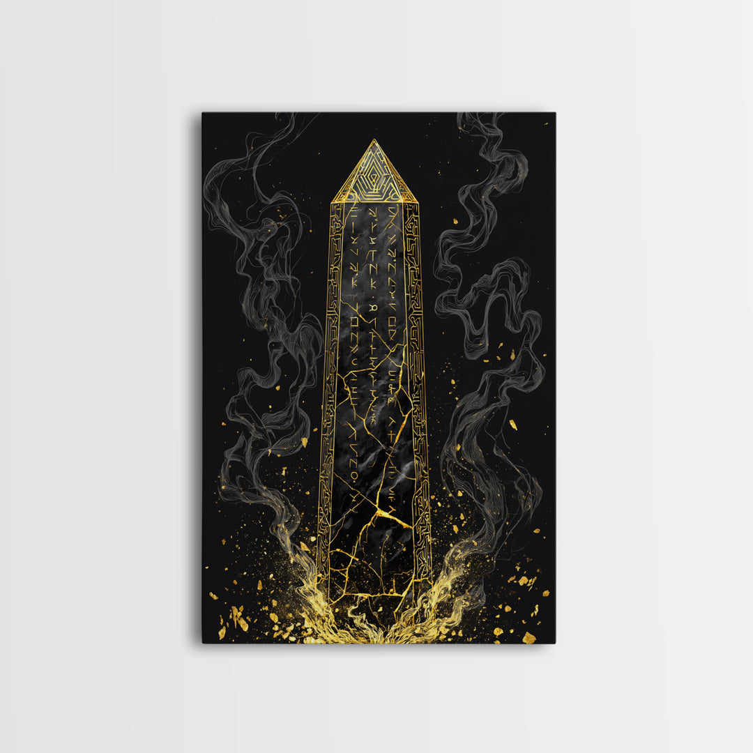 Runic Obelisk Gold Canvas Art, Mystical Stone Wall Print On Canvas, Real Wood Frame Decor, Ancient Fantasy Symbolic Artwork