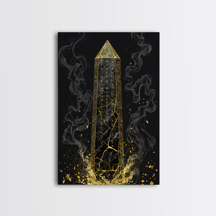 Runic Obelisk Gold Canvas Art, Mystical Stone Wall Print On Canvas, Real Wood Frame Decor, Ancient Fantasy Symbolic Artwork