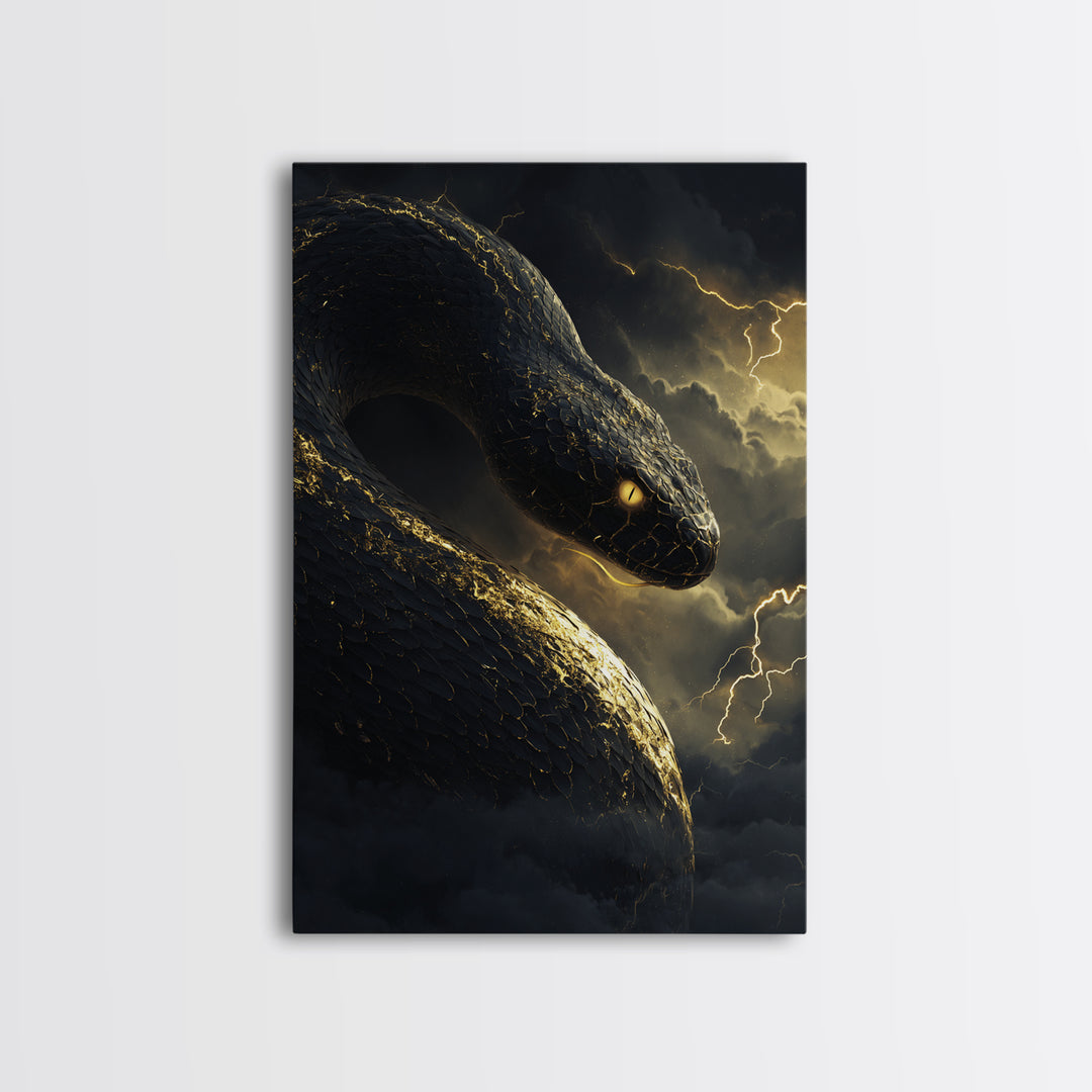 Mythical Serpent Gold Canvas Art, Norse Jormungandr Snake Canvas Print, Real Wood Frame Wall Décor, Fantasy Mythology Creature Artwork