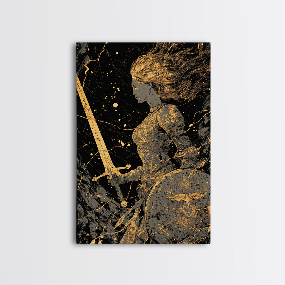 Warrior Maiden Gold Canvas Print, Female Knight With Sword And Shield Artwork, Real Wood Frame Wall Décor, Heroic Fantasy Art