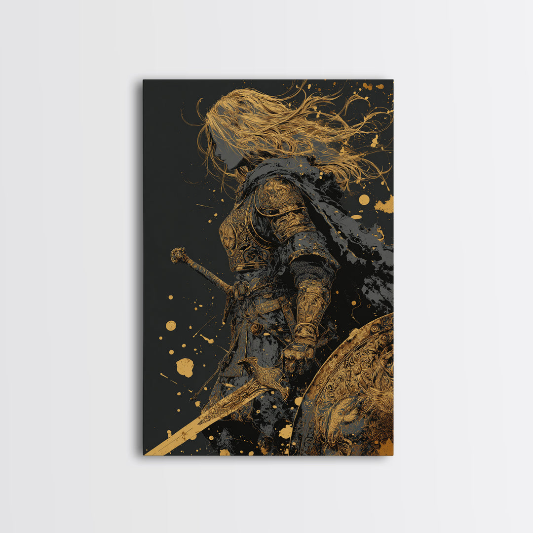 Golden Armored Knight Gold Canvas Art, Female Warrior With Sword And Shield Canvas Print, Real Wood Frame Wall Décor, Mythic Battle Art