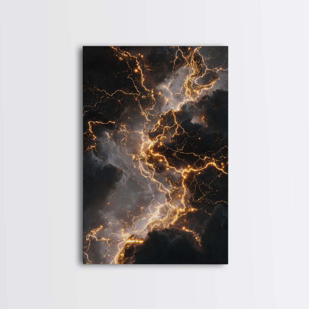 Celestial Lightning Storm Gold Canvas Art, Abstract Thunder Energy Canvas Print, Real Wood Frame Wall Décor, Dramatic Cosmic Power Artwork