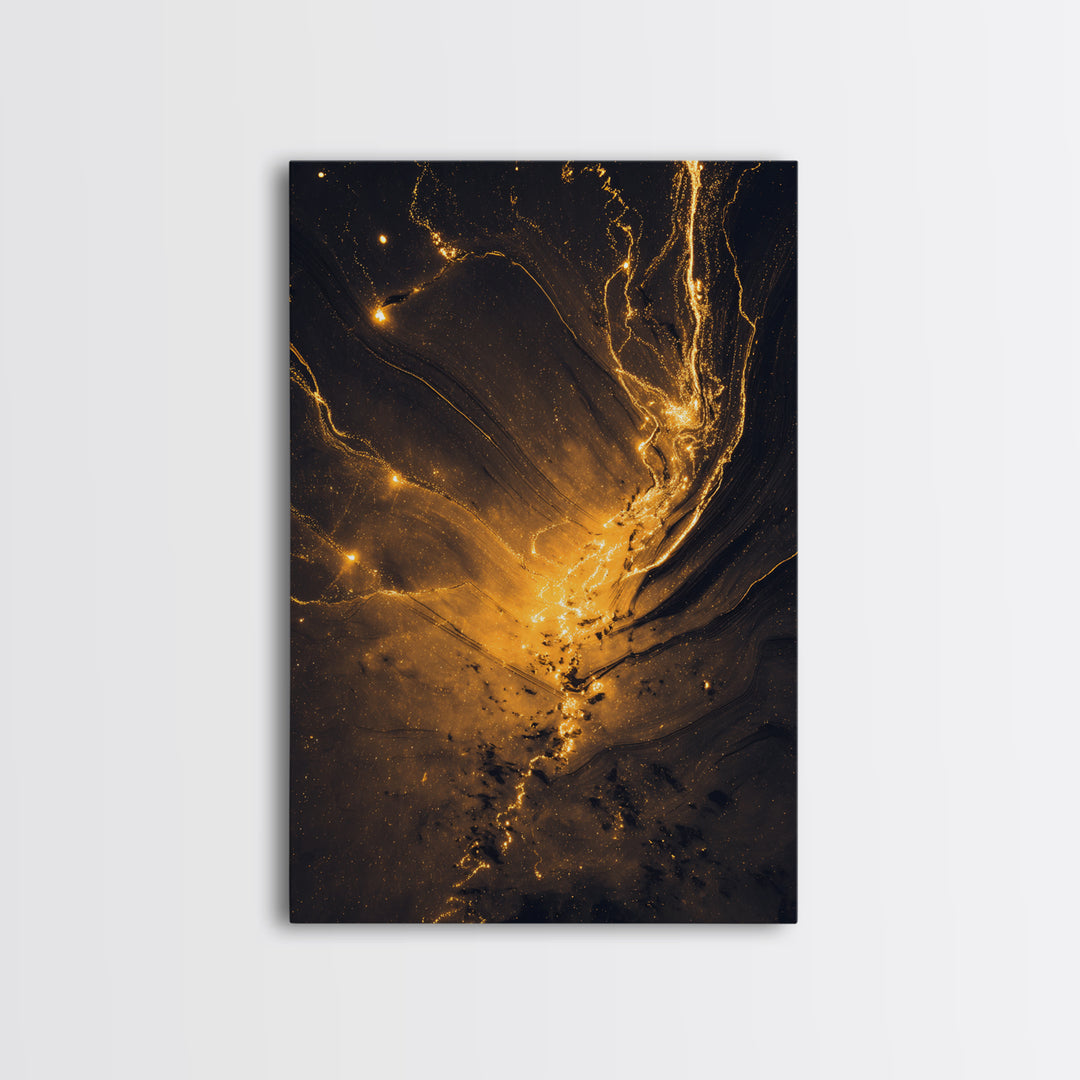 Golden River Flow Gold Canvas Print, Abstract Liquid Energy Artwork On Canvas, Real Wood Frame Wall Décor, Celestial Fluid Art