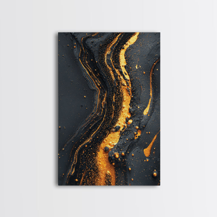 Abstract Gold Flow Art, Modern Luxury Canvas Print With Real Wood Frame, Fluid River Inspired Wall Décor, Contemporary Statement Artwork