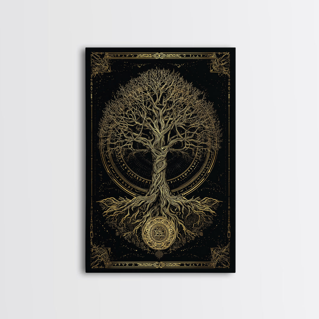 Sacred Yggdrasil Gold Canvas Art, Norse Mythology Tree Of Life Canvas Print, Real Wood Frame Wall Décor, Mystical Viking Symbol Artwork