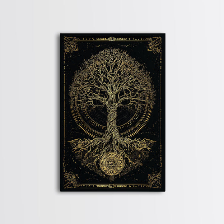 Sacred Yggdrasil Gold Canvas Art, Norse Mythology Tree Of Life Canvas Print, Real Wood Frame Wall Décor, Mystical Viking Symbol Artwork
