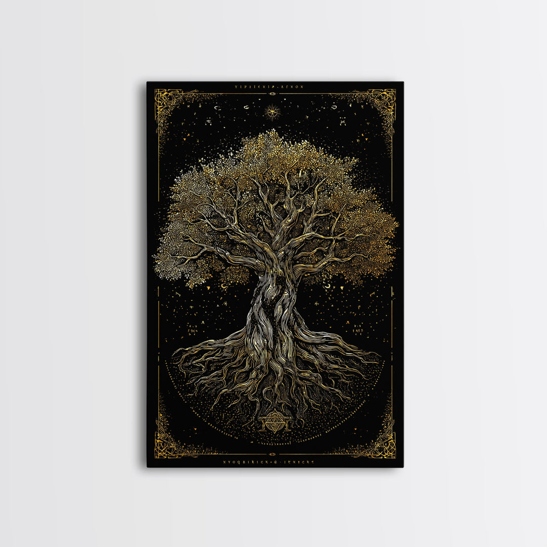 Ancient Cosmic Tree Gold Canvas Print, Norse Mythology Inspired Yggdrasil Artwork, Real Wood Frame Wall Décor, Mystical Fantasy Art