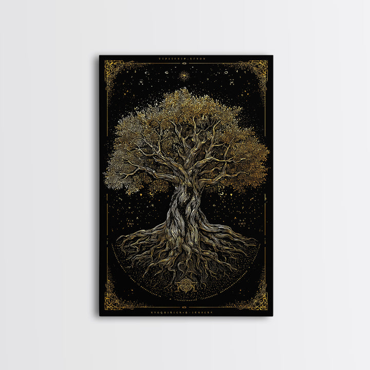 Ancient Cosmic Tree Gold Canvas Print, Norse Mythology Inspired Yggdrasil Artwork, Real Wood Frame Wall Décor, Mystical Fantasy Art